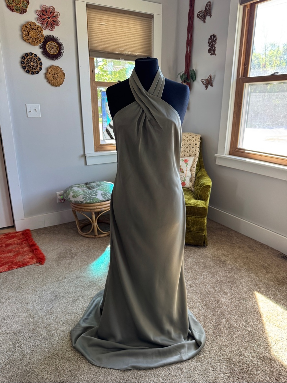 BHLDN Sage Green Satin Halter Maxi Dress size 10